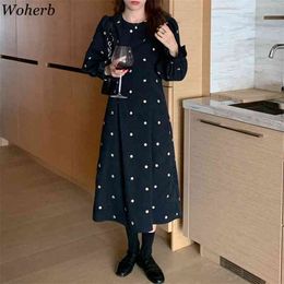 Korean Chic Long Puff Sleeve Maxi Dress Women Vintage Floral Embroidery Black High Waist Dresses Vestidos De Mujer 210519