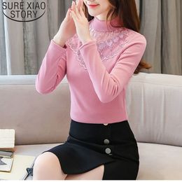 Plus Size Autumn Fashion Lace Blouses Long Sleeve Turtleneck Women Tops Casual Embroidery Ladies Shirt 6346 50 210415