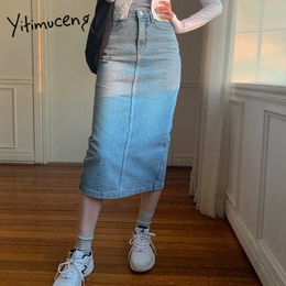 Yitimuceng Denim Long Skirts for Women Split Fork Buttop Up Pockets Slit A-Line Spring Summer Korean Fashion Midi Skirt 210601