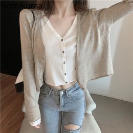 Nomikuma V Neck Long Sleeve Thin Cropped Cardigan Women Fake Two Piece Contrast Colour Patchwork Knitted Tops Ropa Mujer 3c638 210514