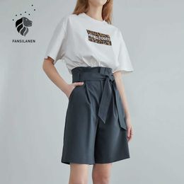 FANSILANEN Wide leg casual pleated short belt high waist summer Female office lady loose short pants 210607