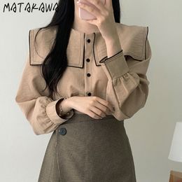 MATAKAWA Autumn Korean Womens Tops and Blouses Retro Wild Hit Colour Top Was Thin Long-sleeved Sailor Collar Blusas 210513