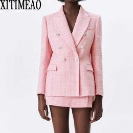 ZA Women Fashion Double Breasted Tweed Cheque Blazers Coat Vintage Long Sleeve Female Outerwear And High Waist Short Skirt 210602