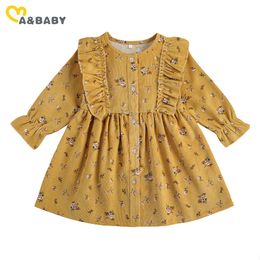 2-7Y Flower Toddler Child Kid Girl Dress Vintage Long Sleeve Dresses For Spring Autumn Corduroy Clothing Costumes 210515