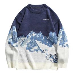 Autumn Winter Snow Mountain Letter print Knitted sweater men Long sleeve O neck blue black Pullover Oversized Male sweaters 211008