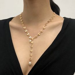 Fashion Thick Chain Tassel Imitate Pearl Pendant Necklace for Women Trendy Gold Colour Hollow Necklaces Jewellery
