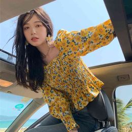 Korobov Korean Chic Women Blouses Vintage Print Square Collar Longsleeve Crop Top Sweet Slim Elegant Chic Summer Blusas Mujer 210430