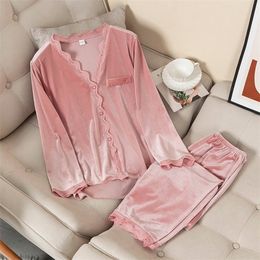 Women Velvet Pyjamas Set Sexy 2 Piece V-neck Lace Tops And Pants Sleepwear Pyjamas Lounge Wear Solid Nightwear Autumn Winter 220309