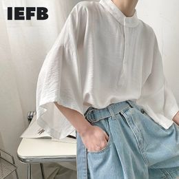IEFB Tops Stand Collar Short Sleeve Loose Solid Colour Shiny Fabric Summer White Shirts Men's Oversized Clothing 210524