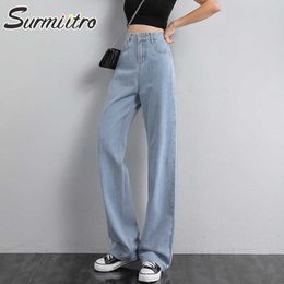 SURMIITRO Summer Blue Korean Style Wide Leg High Waist Boyfrind Mom Jeans Women Casual Floor Length Long Denim Pants Female 210712