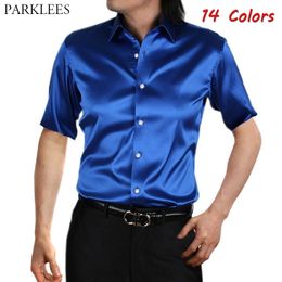 Silk Satin Men Shirt Smooth Comfortable Shirts for Men Casual Slim Fit Button Up Mens Short Sleeve Dress Shirt 14 Colours 210524
