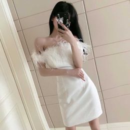 Slim Slash Neck White Feather Dress Women Mini Summer Clothing Sexy Off Shoulder Strapless Party Vestidos Temperament 210610