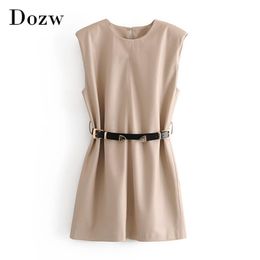 Fashion Solid Pu Leather Dress O Neck Sleeveless Chic Bandage Dress Hollow Out Beige And Black Colour Mini Dresses 210414