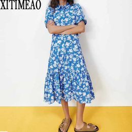 ZA Women Summer Blue Floral Dresses Vintage Print Casual Short Sleeve Lapel Shirt Dress Leisure Vacation Long Skirt 210602