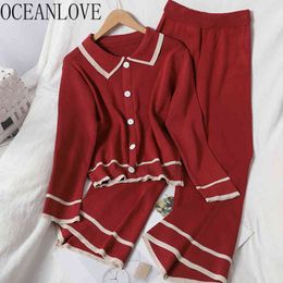 Ropa De Mujer Autumn Winter Knitted Korean Elegant Two Piece Set Women Swaeters+ Wide Leg Pants Outfits 18238 210415
