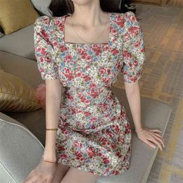 Summer Dress Women Vintage Short Mini Floral Puff Sleeve Holiday Beach e Female Party Femme Robe 210514