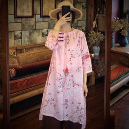 Johnature Vintage A-line Three Quarter Sleeve Ramie Dress Autumn O-Neck Loose Casual Pink Print Linen Women Dress 210521