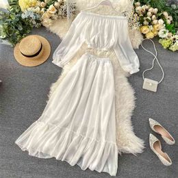 Summer Women's Sets Korean Style Pure Colour Long-sleeved Short Cut-waist Chiffon Top + Stretch Waist Ruffled Skirt QX863 210507