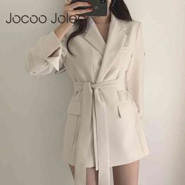 Women Korean Elegant Suit Office Blazer Ladies Lace up Notched Formal Outwear Winter Jackets Casual Mid Coat Tops 210428