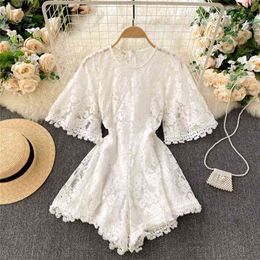 Ins Fashion Lace Playsuits White Black O-neck Short Flare Sleeve Hollow Out Wide Leg Pants Streetwear Summer Outfits 210603