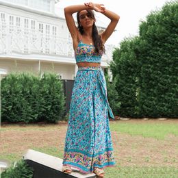 Boho Jumpsuit Summer Beach Wide Leg Overalls Women Long Rompers High Waist Sash Print Boho Jumpsuit Long Pants 210415