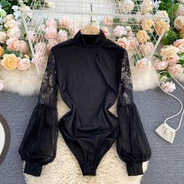 SINGREINY Casual Lace Patchwork Rompers Women Fashion Lantern Sleeve Jumpsuit Women Streetwear Outfits Overalls Bodysuit 210419