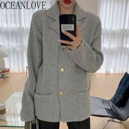 Warm Mujer Chaqueta Double Breasted Solid Vintage Elegant Autumn Sweaters Winter Cardigans Korean 18160 210415