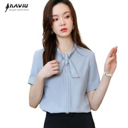 Shirt Women Bow Design Summer Fashion Business Formal Temperament Short Sleeve Blouses Office Ladies Work Tops 210604