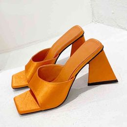 2022 novo moda laranja verde salto alto chinelos para mulheres quadrado-cabeça espessa sandálias de festa de salto alto slides sapatos