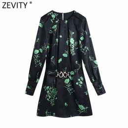 Women Vintage Pleats O Neck Green Leaves Print Black Satin Mini Dress Female Chic Sashes Kimono Party Vestido DS5046 210420