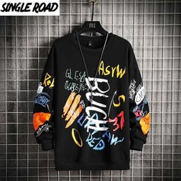 Single Road Mens Crewneck Sweatshirt Harajuku Oversized Sweatshirts Japanese Streetwear Hip Hop Black Hoodie Hoodies 211014