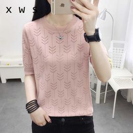 summer Knitted Women Sweater sleeve Sleeves Loose casual Jumper Top sexy hollow out O Neck pink Female Sweater oversize 210604