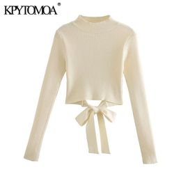 Women Fashion With Bow Tied Cropped Knitted Sweater Long Sleeve Backless Female Pullovers Chic Tops 210420