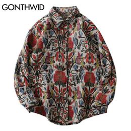 GONTHWID Southwestern Aztec Tribal Indian Button Shirts Streetwear Hip Hop Casual Flowers Patterned Long Sleeve Shirt Coats Tops 210410