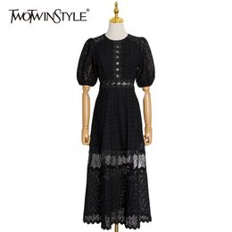 Hollow Out White Dress For Women O Neck Short Sleeve High Waist Patchwork Lace Elegant Dresses Female Spring 210520