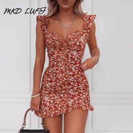 Summer Floral Print Tied Detail Ruffles Mini Dress Women Sleeveless Casual Vacation Beach Short Dresses X0521