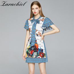 Summer Designer Floral Print Short Women Butterfly Sleeve Flower Bow Female Casual Party Mini Dress Vestidos 210416