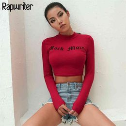 Rapwriter Fashion Rock More Letter Printed Cotton Crop T-Shirt Women Autumn Stand Collar Long Sleeve Skinny Y2k Tops Feminina 210330