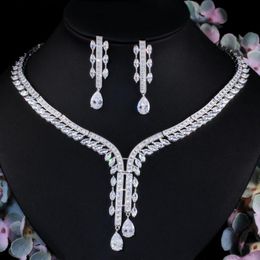 Earrings & Necklace CWWZircons White Gold Colour Water Droplets African Cubic Zirconia Big Luxury Women Party Wedding Bridal Costume Jewellery