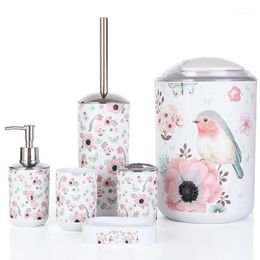 Bath Accessory Set AF88 -Nordic 6Pcs/Set Printing Bathroom Lotion Dispenser Toothbrush Holder Tumbler Cup Soap Dish Toilet Brush Tras