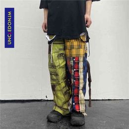 UNCLEDONJM Lattice Patchwork Hip Hop Harajuku Casual Pants High Street Design Ins Fashion Men Trousers T2-A002 210406