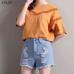 Summer Women High Waist Hole Streetwear Blue Denim Shorts Casual Female Solid Wide Leg Vintage Ladies Jeans 210430