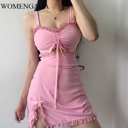 Summer Fashion Sexy Womens Pink V Neck Sliod Color Sleeveless Ruffles Tank Sheath Mini Lace Girl Female Dress M3 210603