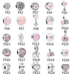 New 925 Sterling Silver Pink Series Peach Blossom Magnolia Charm Bead Fit Pandora Bracelet for Women Jewelry DIY Making