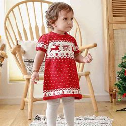 Spring Autumn Kids Dresses For Girls Princess Girl Christmas Elk Knit 210521