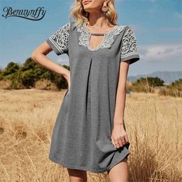 V-neck Cut Out Loose T Shirt Dress Women Summer Short Sleeve Korean Fashion Solid Casual Dresses For Female 210510
