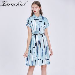 Fashion Striped Silk Women Shirt Elegant OL Button Belt Elastic Waist Summer Female Casual Office Ladies Blue Dress 210416