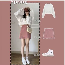 Suit, Female Autumn Korean Style Student's Dress Suit Two-Piece Pink Half-Length Full Body Sweater 211106