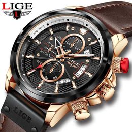 Sport Watches For Men LIGE Top Luxury Brand Military Genuine Leather Wrist Watch Man Clock Fashion Chronograph Wristwatch 210527