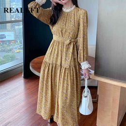 Spring Summer Floral Printed Women's Long Dress Sashes Elegant Lace Patchwork Sleeve Female Loose 210428